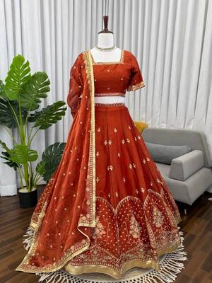 rust orange art silk thread sequin lehenga choli set 4