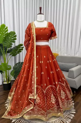 rust orange art silk thread sequin lehenga choli set