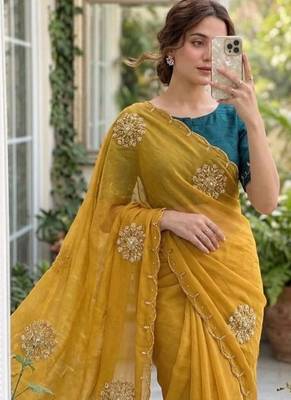 Mustard Color Moti And Sequence HandWork Satin Saree 2