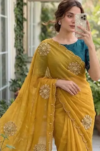 Mustard Color Moti And Sequence HandWork Satin Saree
