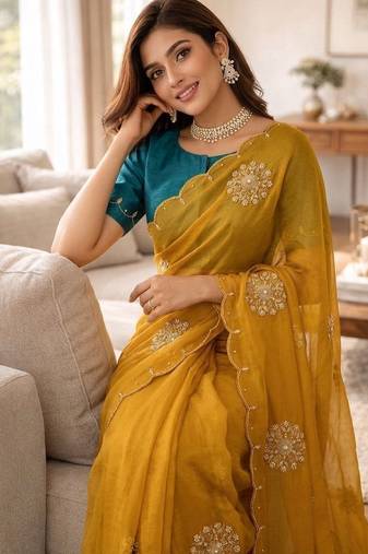 Mustard Color Moti And Sequence HandWork Satin Saree