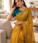 Mustard Color Moti And Sequence HandWork Satin Saree