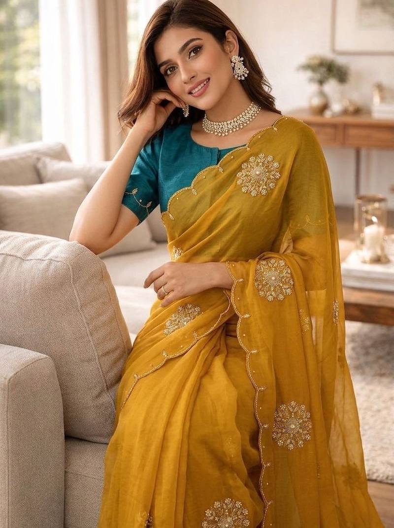 Mustard Color Moti And Sequence HandWork Satin Saree
