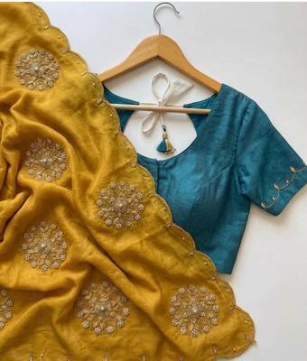 Mustard Color Moti And Sequence HandWork Satin Saree 3