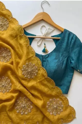 Mustard Color Moti And Sequence HandWork Satin Saree