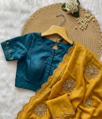 Mustard Color Moti And Sequence HandWork Satin Saree 4