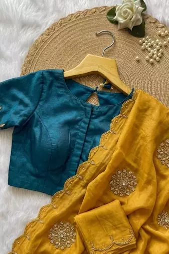 Mustard Color Moti And Sequence HandWork Satin Saree