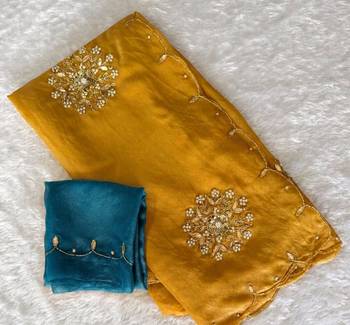 Mustard Color Moti And Sequence HandWork Satin Saree 5