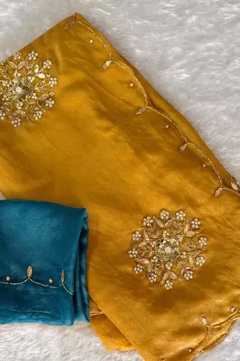 Mustard Color Moti And Sequence HandWork Satin Saree