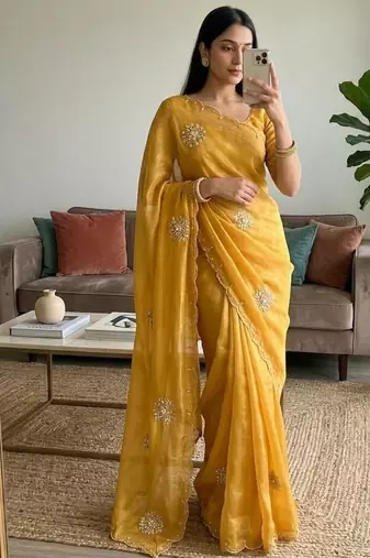 Yellow Color Moti And Sequence HandWork Satin Saree