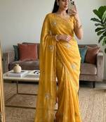 Yellow Color Moti And Sequence HandWork Satin Saree