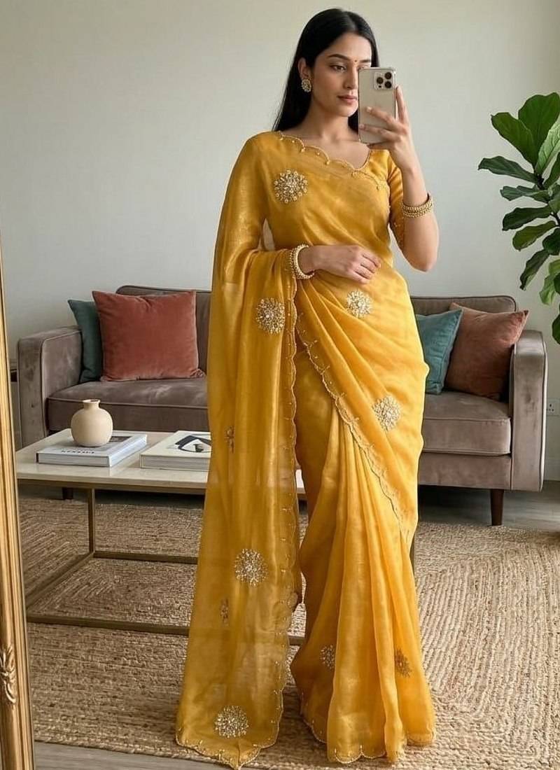 Yellow Color Moti And Sequence HandWork Satin Saree