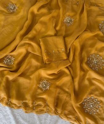 Yellow Color Moti And Sequence HandWork Satin Saree 2