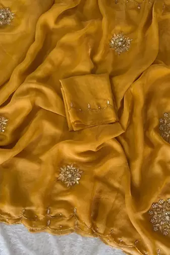 Yellow Color Moti And Sequence HandWork Satin Saree