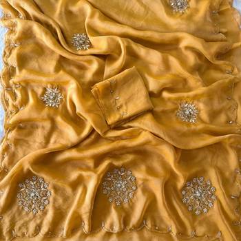 Yellow Color Moti And Sequence HandWork Satin Saree 3