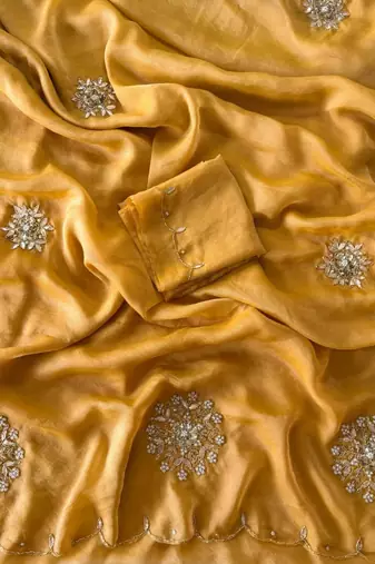 Yellow Color Moti And Sequence HandWork Satin Saree