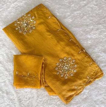 Yellow Color Moti And Sequence HandWork Satin Saree 4