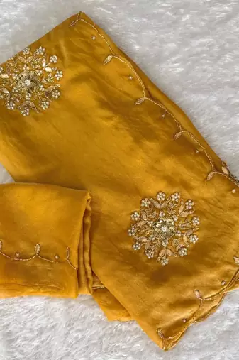 Yellow Color Moti And Sequence HandWork Satin Saree