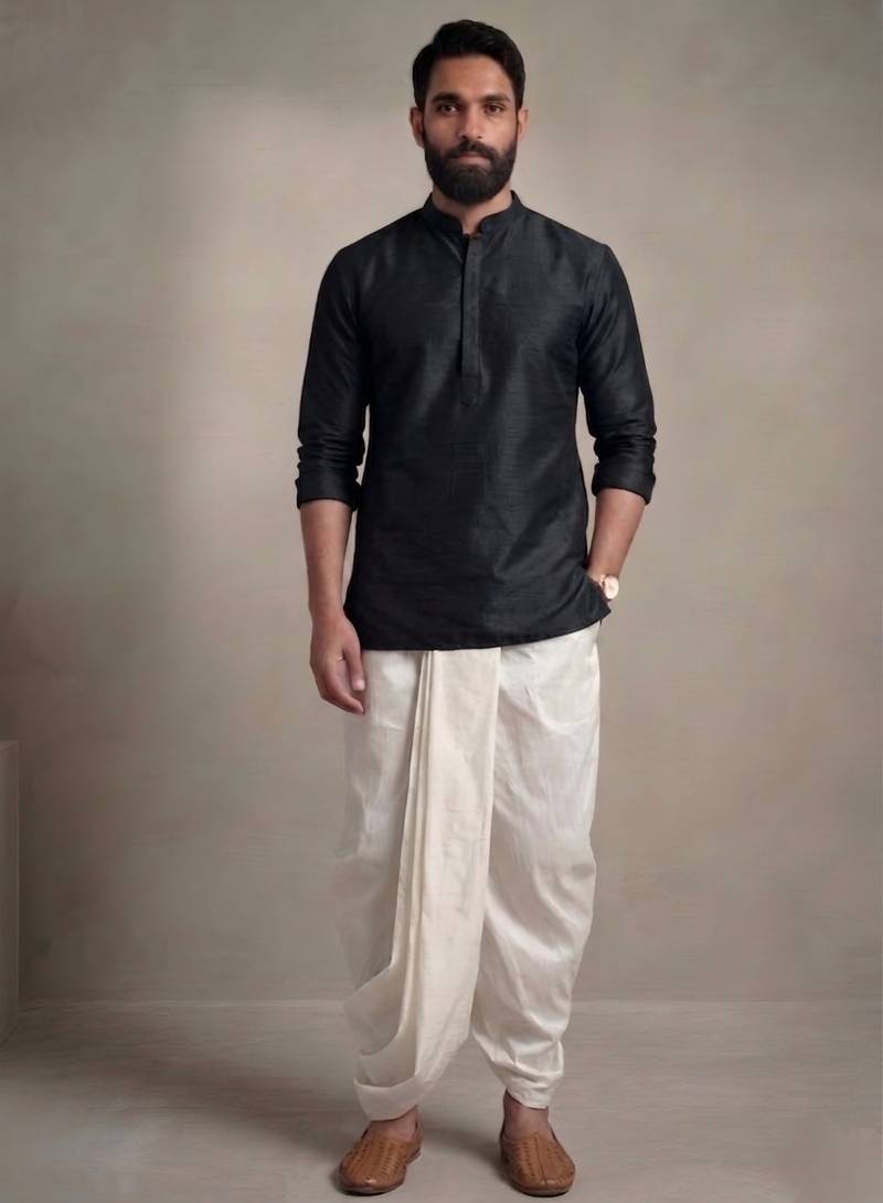 Black embroidered dupion silk kurta dhoti