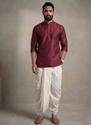 Maroon embroidered dupion silk kurta dhoti 3