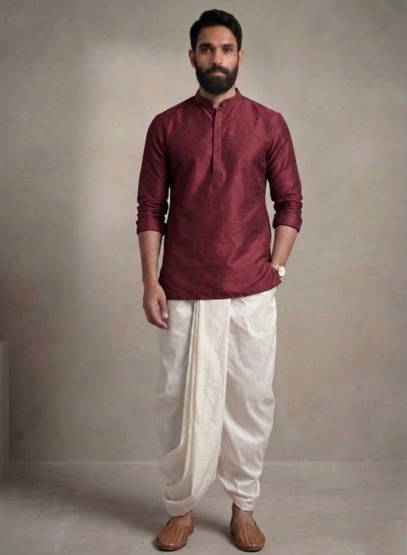 Maroon embroidered dupion silk kurta dhoti