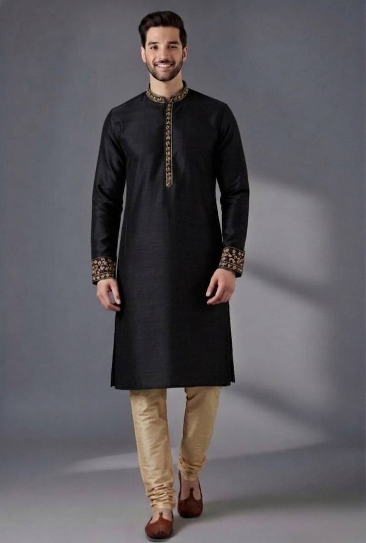 Black embroidered dupion silk kurta pyjama