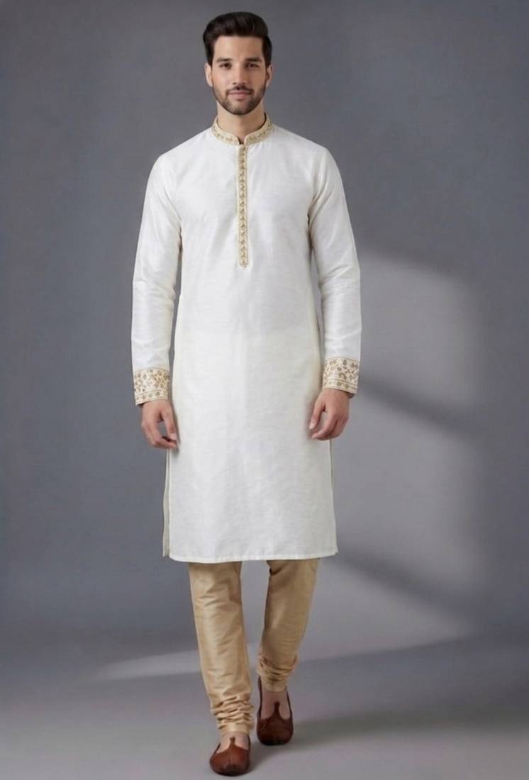 White embroidered dupion silk kurta pyjama
