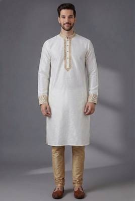 White embroidered dupion silk kurta pyjama 3