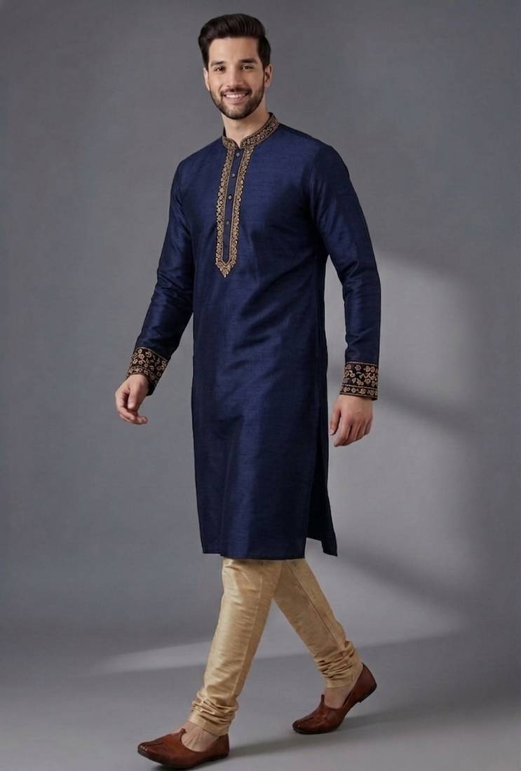 Blue embroidered dupion silk kurta pyjama