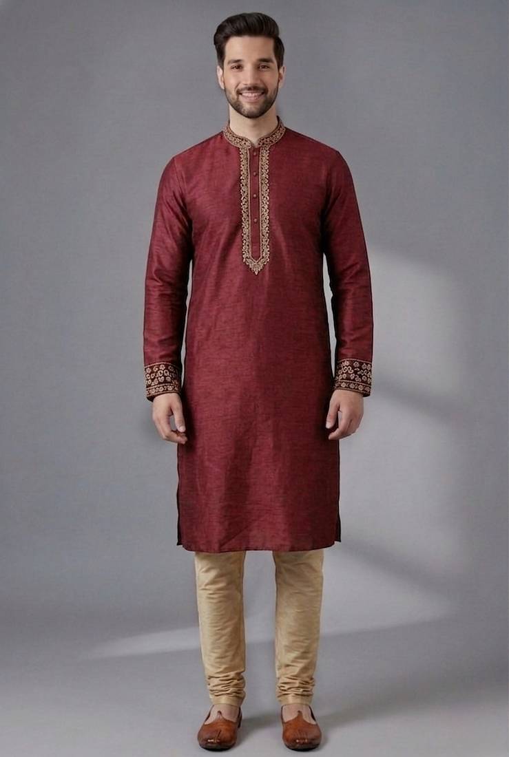 Maroon embroidered dupion silk kurta pyjama