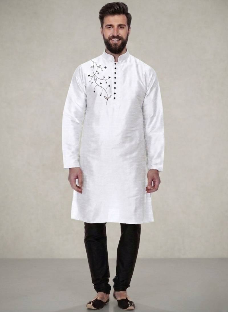 White embroidered dupion silk kurta pyjama