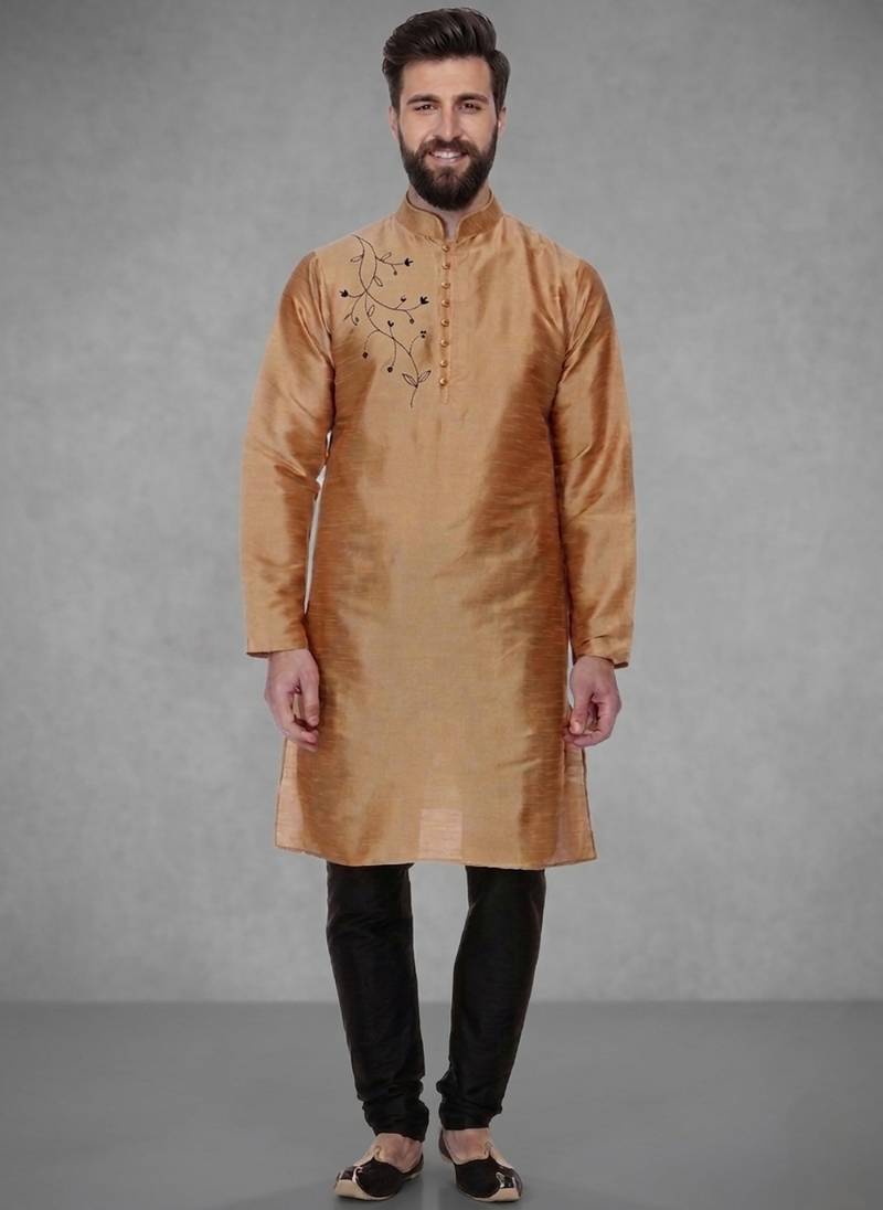 Black embroidered dupion silk kurta pyjama