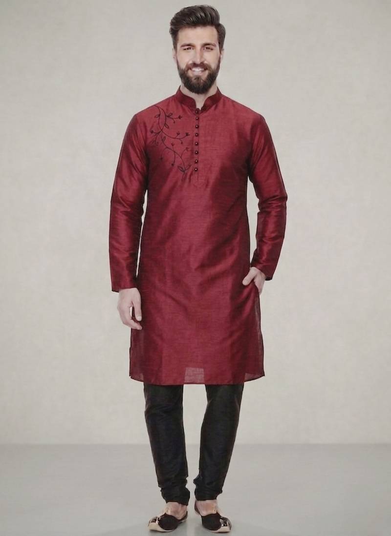 Maroon embroidered dupion silk kurta pyjama