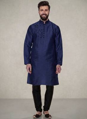 Blue embroidered dupion silk kurta pyjama 3