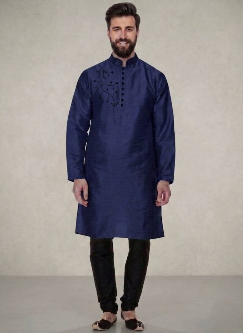 Blue embroidered dupion silk kurta pyjama