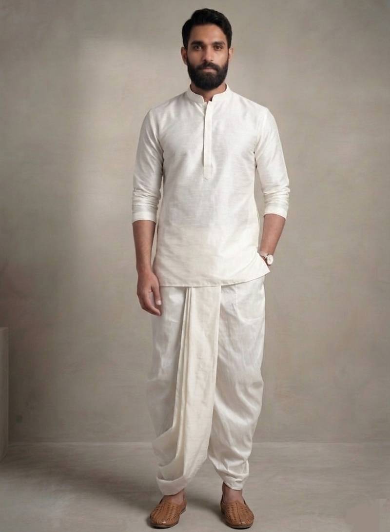 White embroidered dupion silk kurta dhoti
