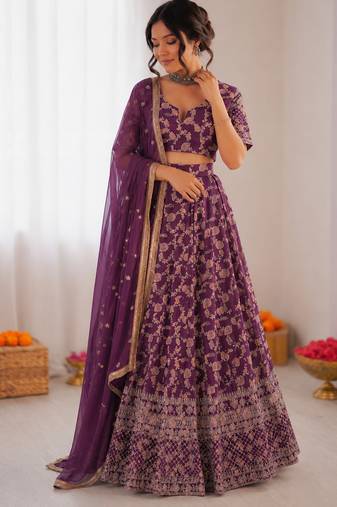 purple jacquard thread sequin lehenga choli set