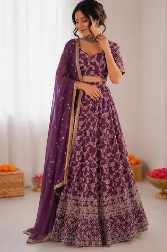purple jacquard thread sequin lehenga choli set