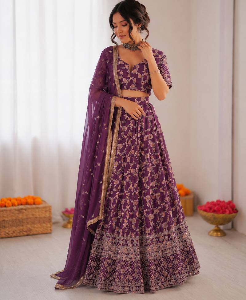 purple jacquard thread sequin lehenga choli set