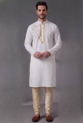 White embroidered dupion silk kurta pyjama 3