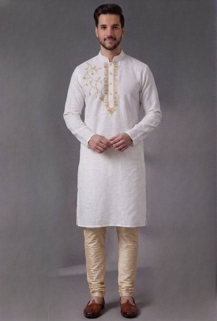 White embroidered dupion silk kurta pyjama