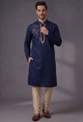 Blue embroidered dupion silk kurta pyjama 3