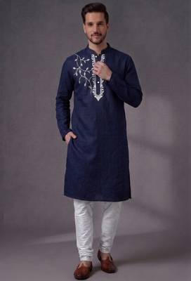 Blue embroidered dupion silk kurta pyjama 3