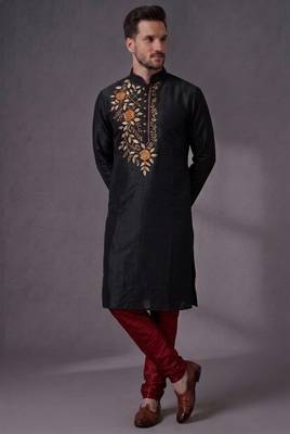 Black embroidered dupion silk kurta pyjama 3