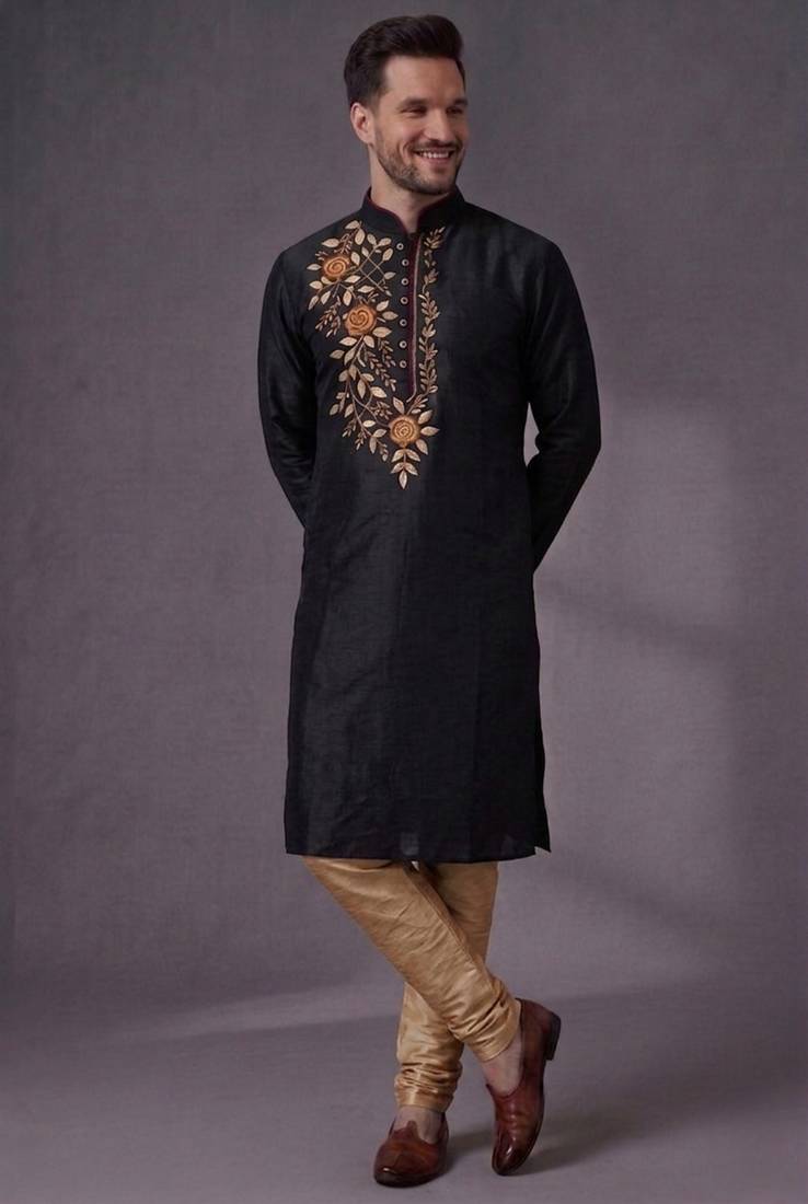 Black embroidered dupion silk kurta pyjama