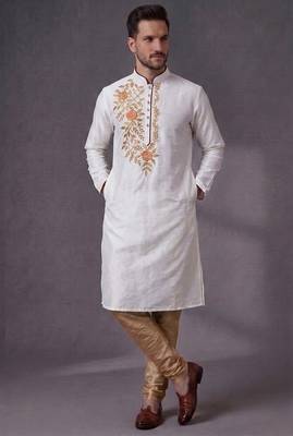 White embroidered dupion silk kurta pyjama 3