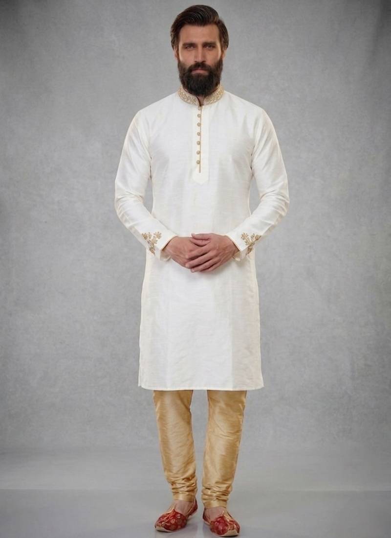 White embroidered dupion silk kurta pyjama