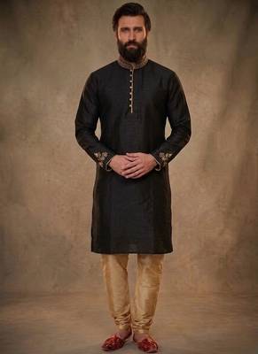 Black embroidered dupion silk kurta pyjama 3