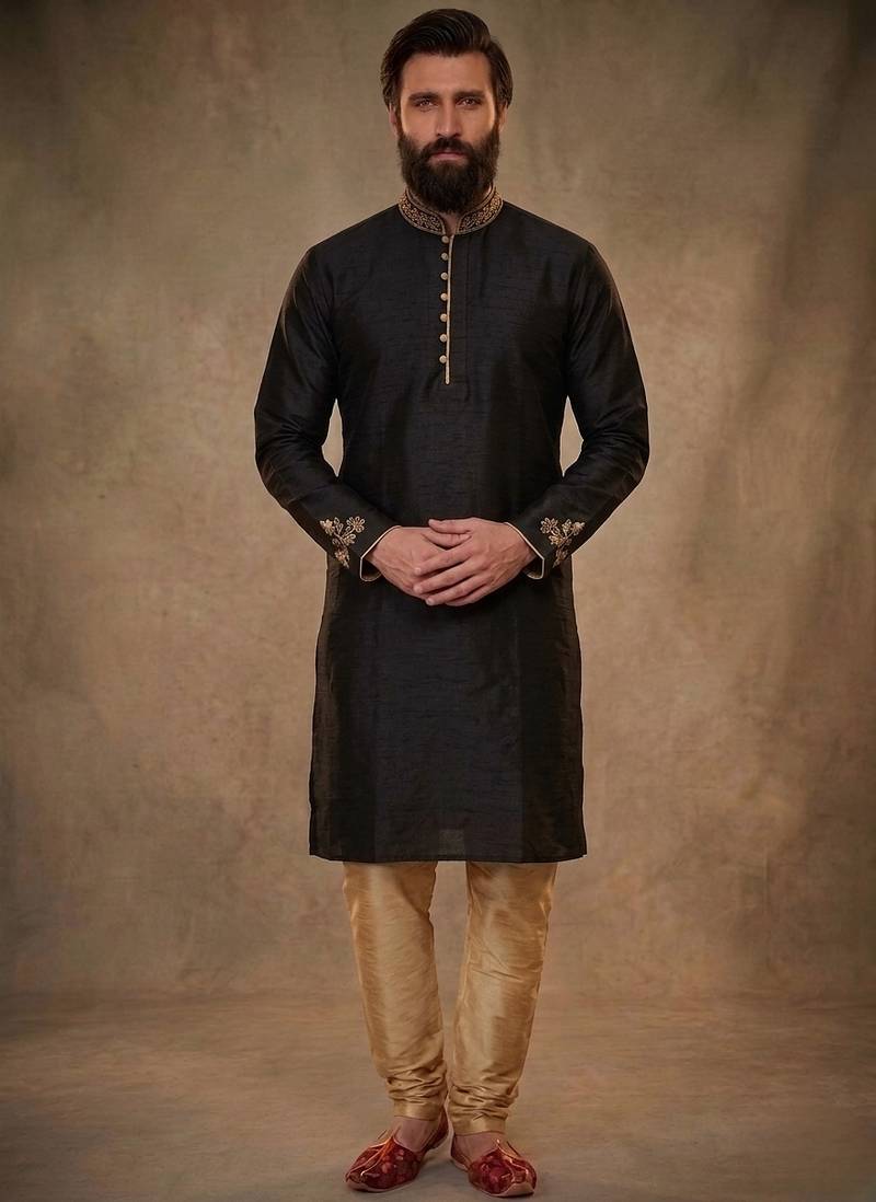 Black embroidered dupion silk kurta pyjama