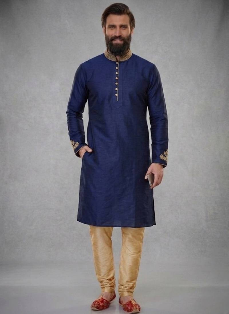 Blue embroidered dupion silk kurta pyjama